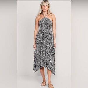 Old Navy Smocked Bodice Blwck & White Halter Midi Dress XL
